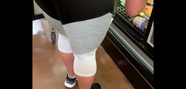  Big booty slut in see through leggings at store showing thong